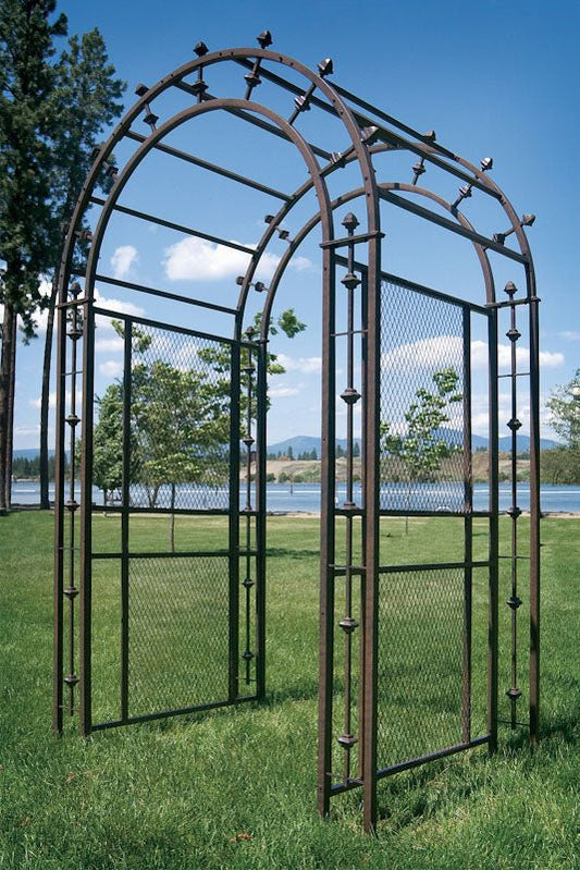 H Potter metal garden arbor archway with grid panel side walls outdoor near a lake
