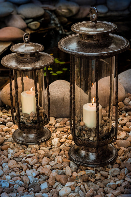 H Potter brand cast iron metal decorative candle lanterns with hand-blown glass set large small