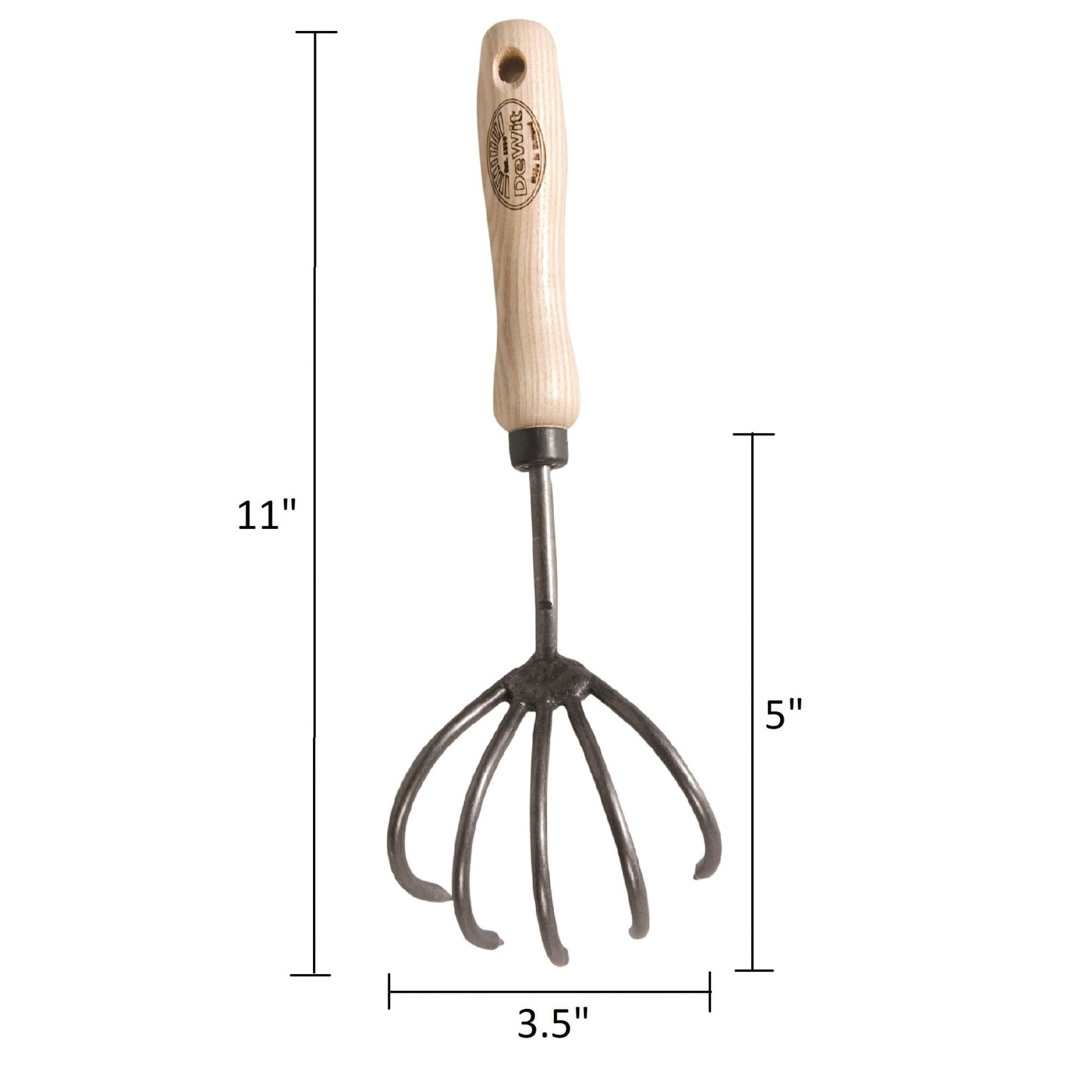 H Potter × DeWit forged 5-tine cultivator on white background with measurements showing 11-inch length and 3.5-inch width