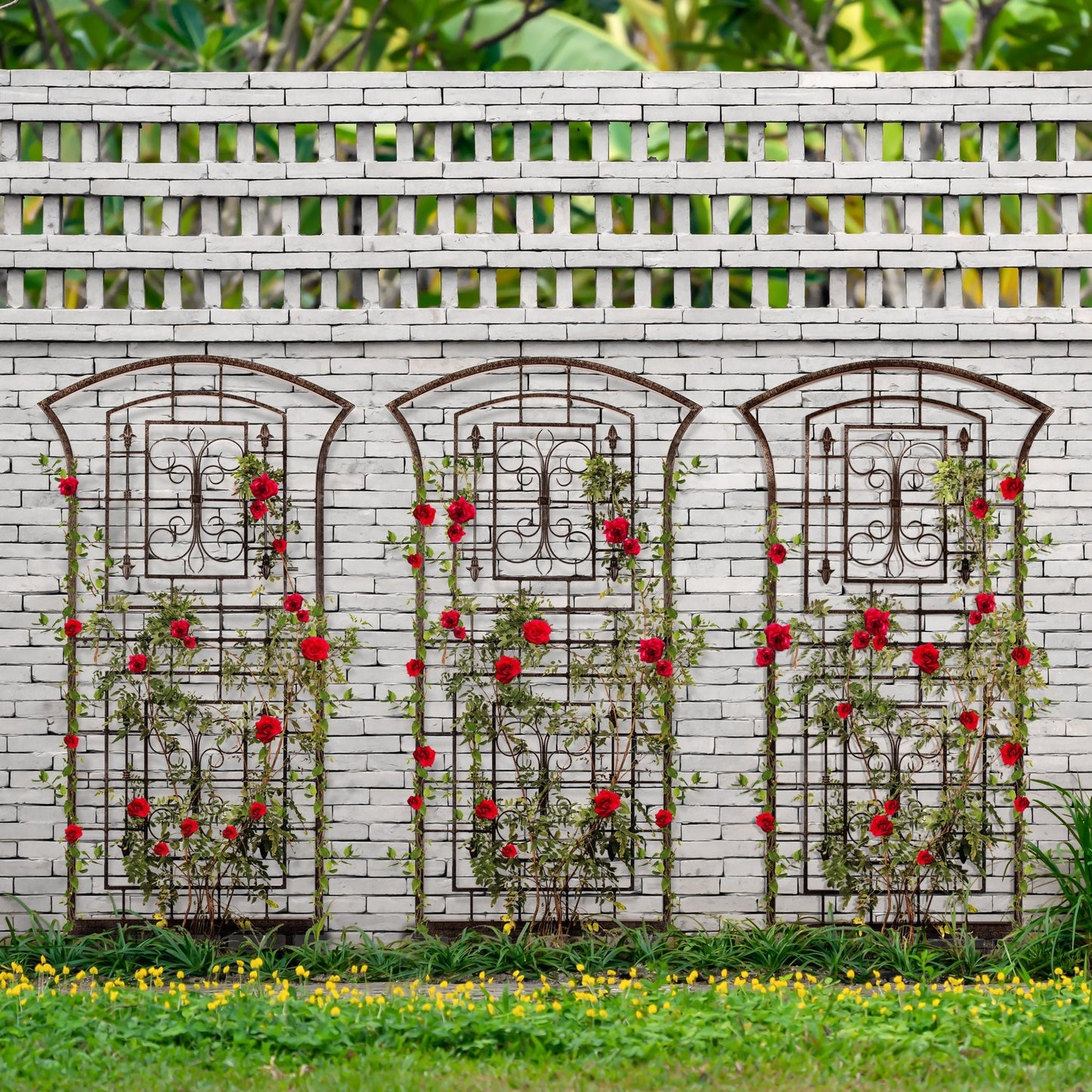 H Potter set of three metal trellises in backyard landscape supporting vines, indoor outdoor wall art look