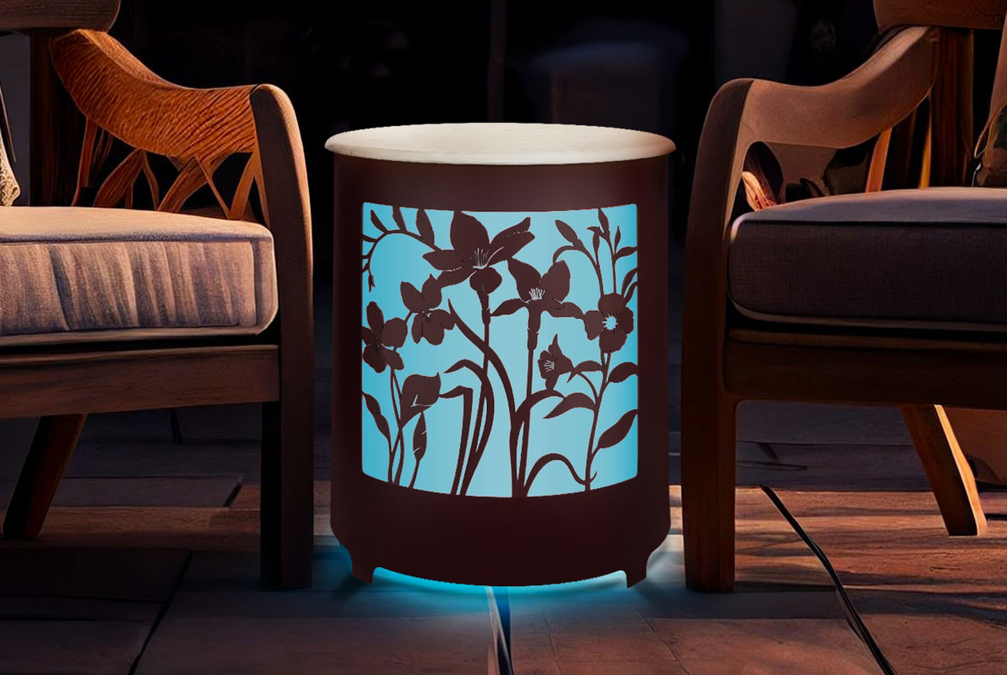 Metal LED Side End Table with Elegant Laser-Cut Floral Design and Marble Top by H Potter