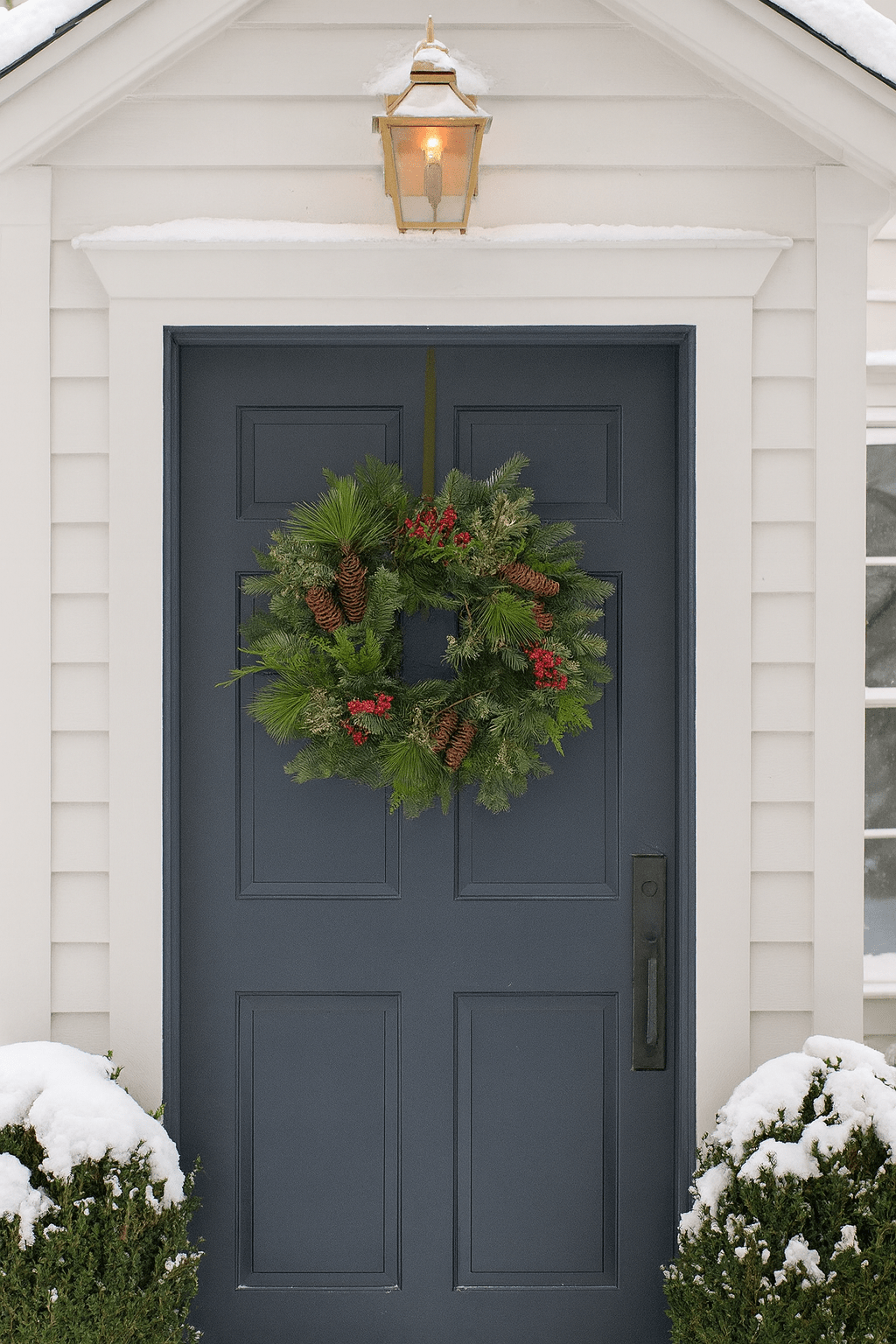 festive christmas wreath with red berries and pinecones on a front door