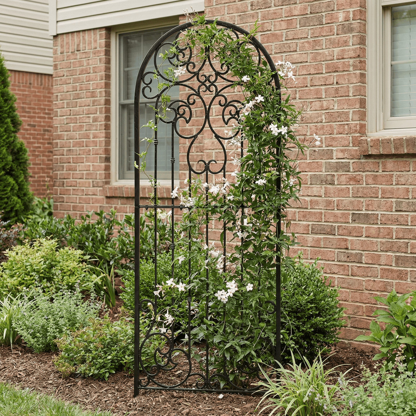 Decorative metal garden trellis with climbing plants against a brick wall.