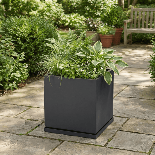 h potter 17 square gray metal planter on stone patio with greenery