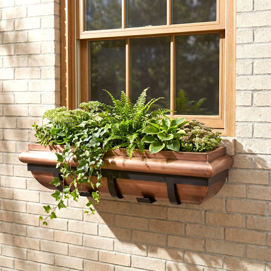 h potter window box with plants on a brick house