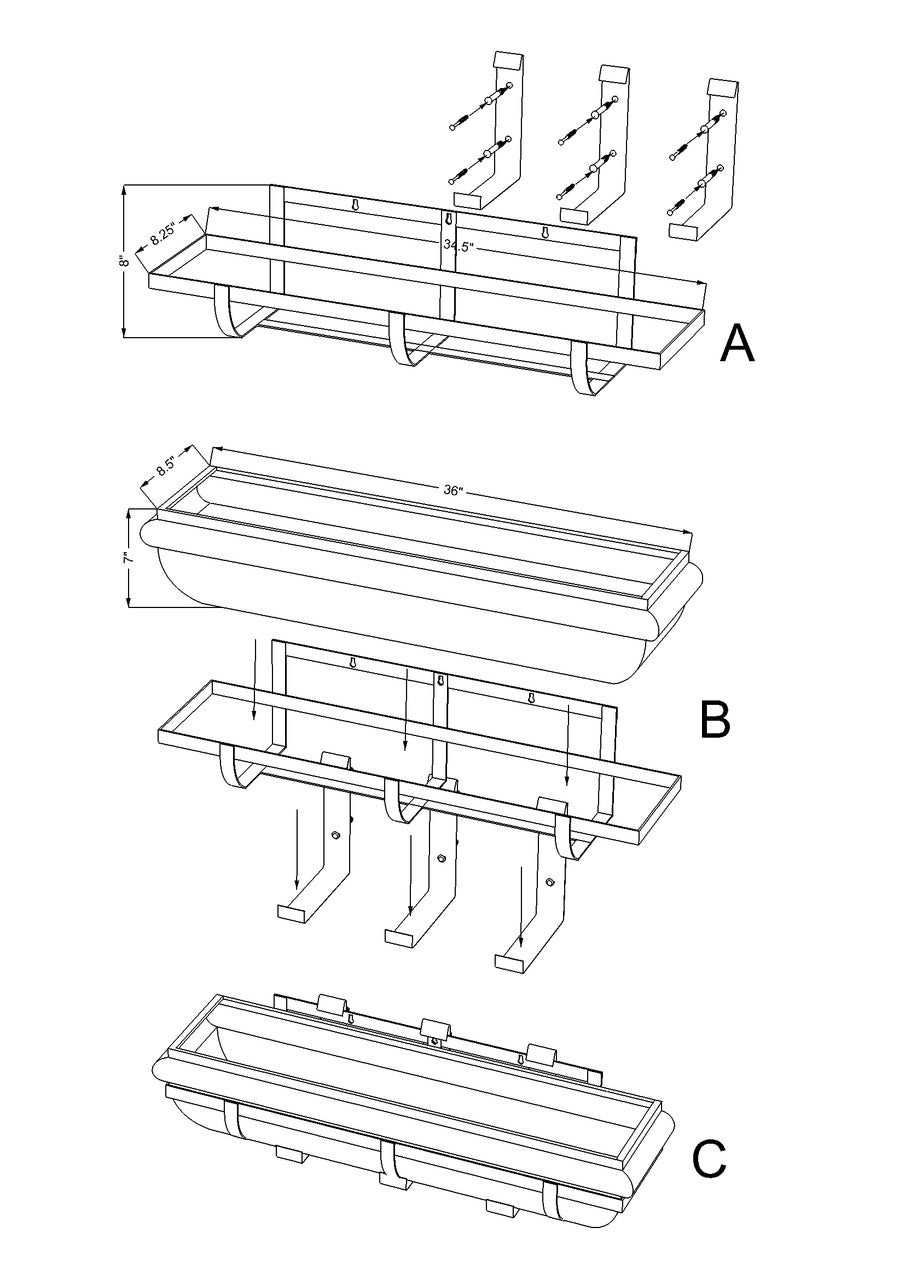 Window box mounting diagram showing bracket installation and support arms 36 inch