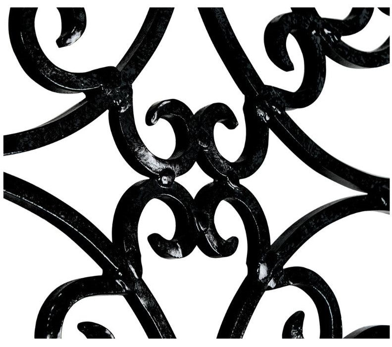 Scroll work on stately black wrought iron garden trellis by H Potter used as decorative landscape architectural art.