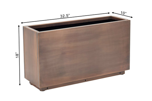 h potter antique copper rectangular planter, shown with dimension lines indicating measurements of 32.5 inches in length, 10 inches in width, and 18 inches in height.