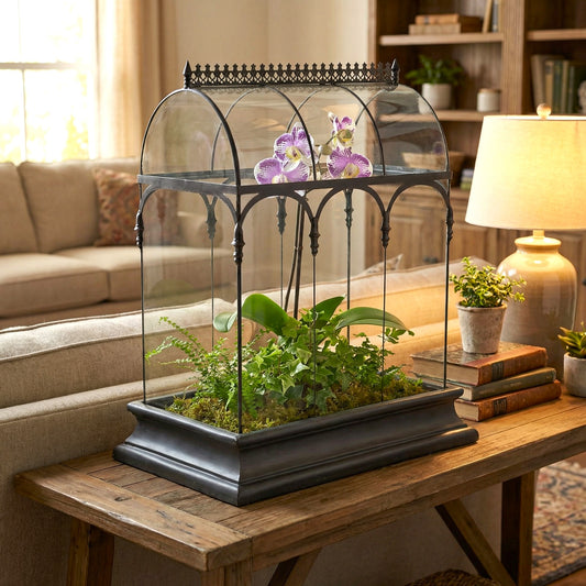 h potter glass terrarium with orchids