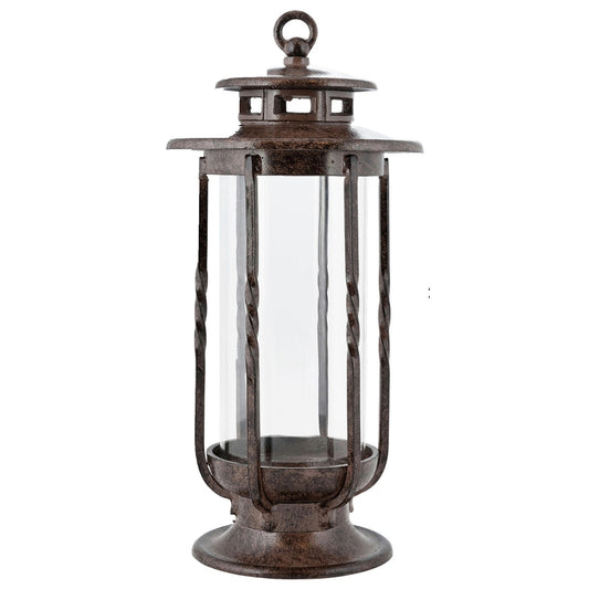 H Potter cast iron hurricane lantern with clear glass cylinder shown as a standalone product image for indoor or outdoor décor.