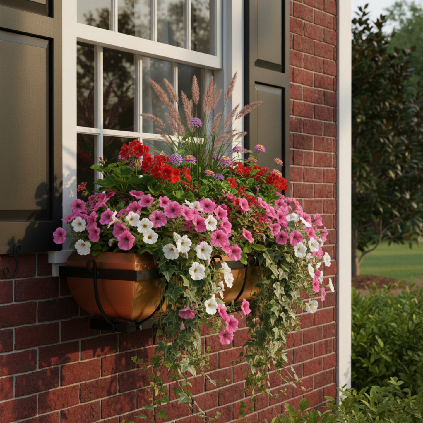 Floral window box on a brick wall with a garden view