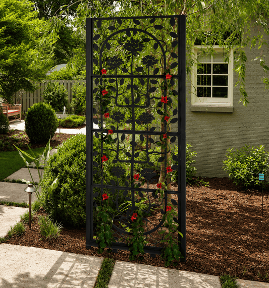 H Potter brand Decorative garden trellis with climbing plants and flowers in a garden setting.