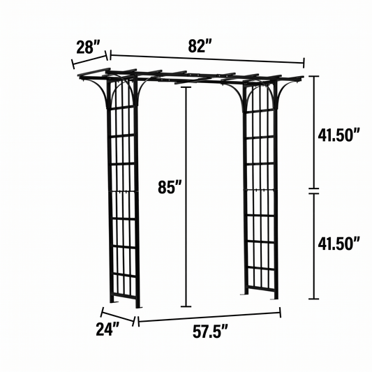 H POtter dimensions of a metal garden arch with measurements in inches.