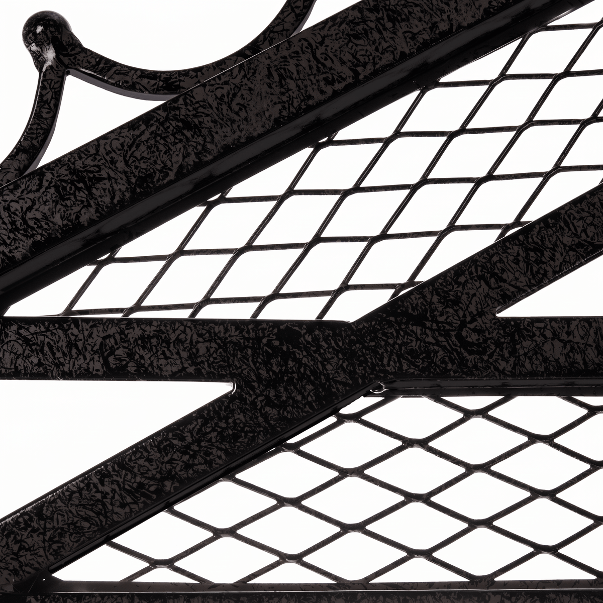 H Potter Marabella black garden arbor roof with decorative iron scrollwork, fleur-de-lis finials and climbing plant framework