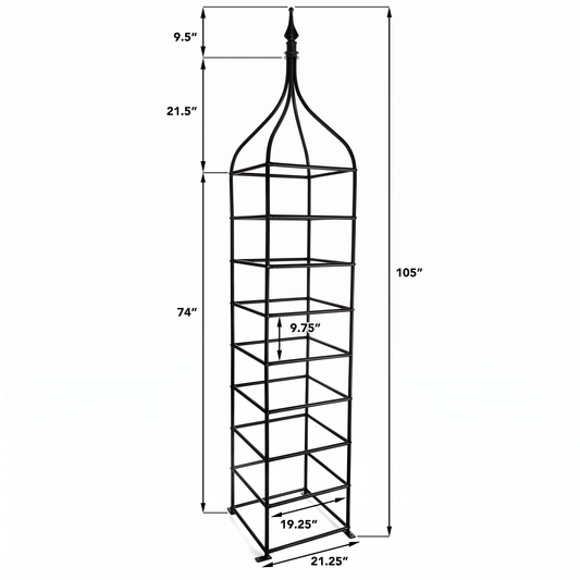 H Potter Clairmont black iron garden obelisk trellis dimensions – 105 inches tall and 21.25 inches wide