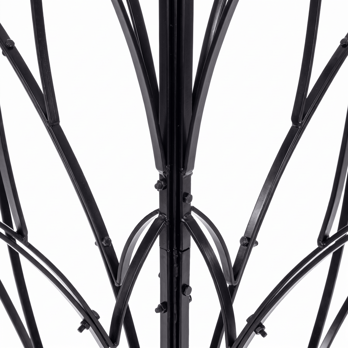 Close-up of black iron leaf design and construction on H Potter Lotus Bud garden obelisk trellis
