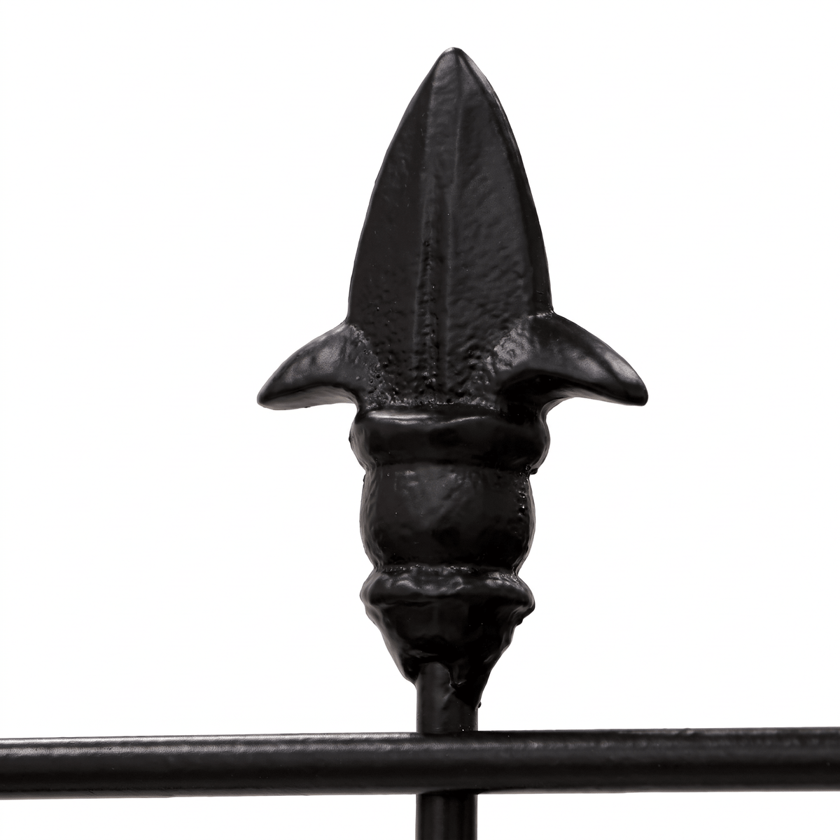 Close-up of H Potter Kingsley black garden trellis decorative iron finial detail