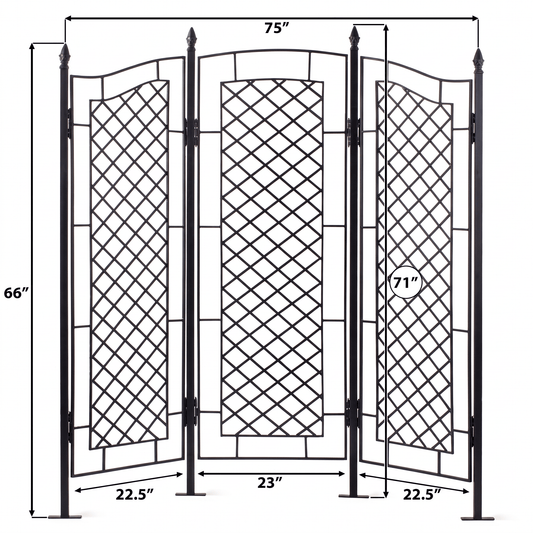 H Potter Augusta black garden trellis screen dimensions showing 75-inch width and 71-inch center height