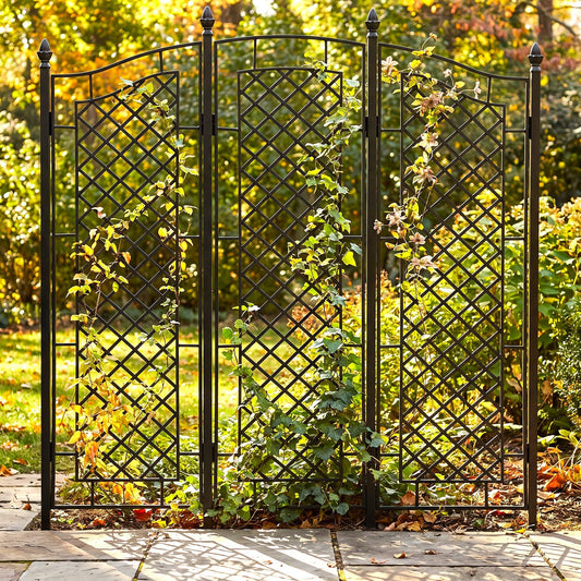 H Potter Augusta black three-panel garden trellis screen with decorative lattice panels and finial posts in autumn garden