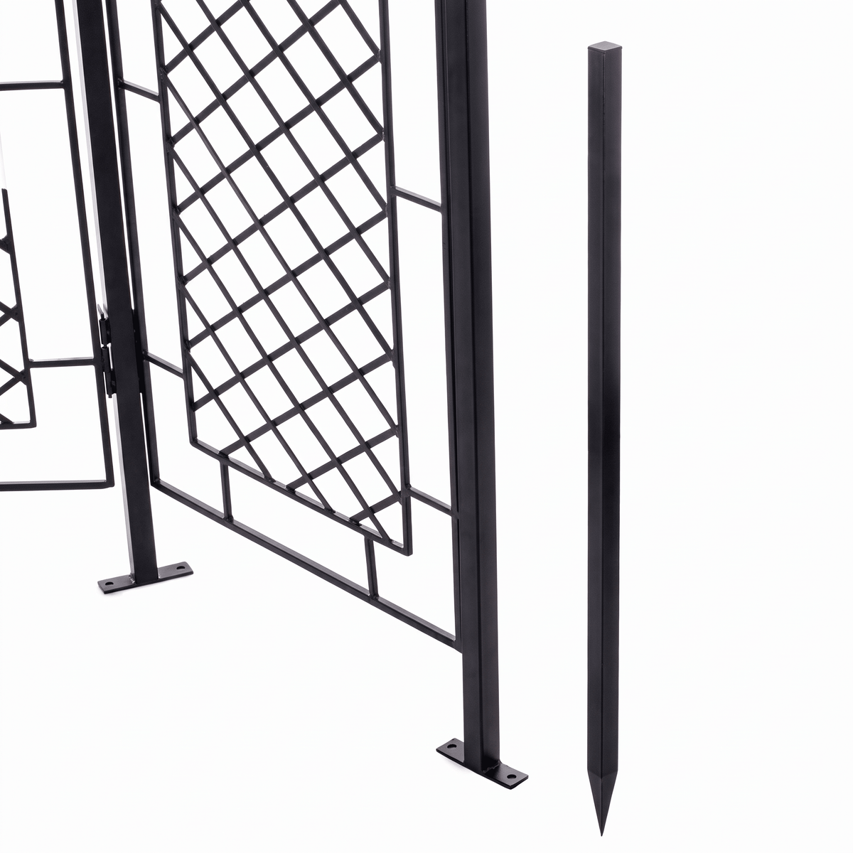 H Potter Augusta black garden trellis screen showing freestanding base and pointed stabilizing ground stake