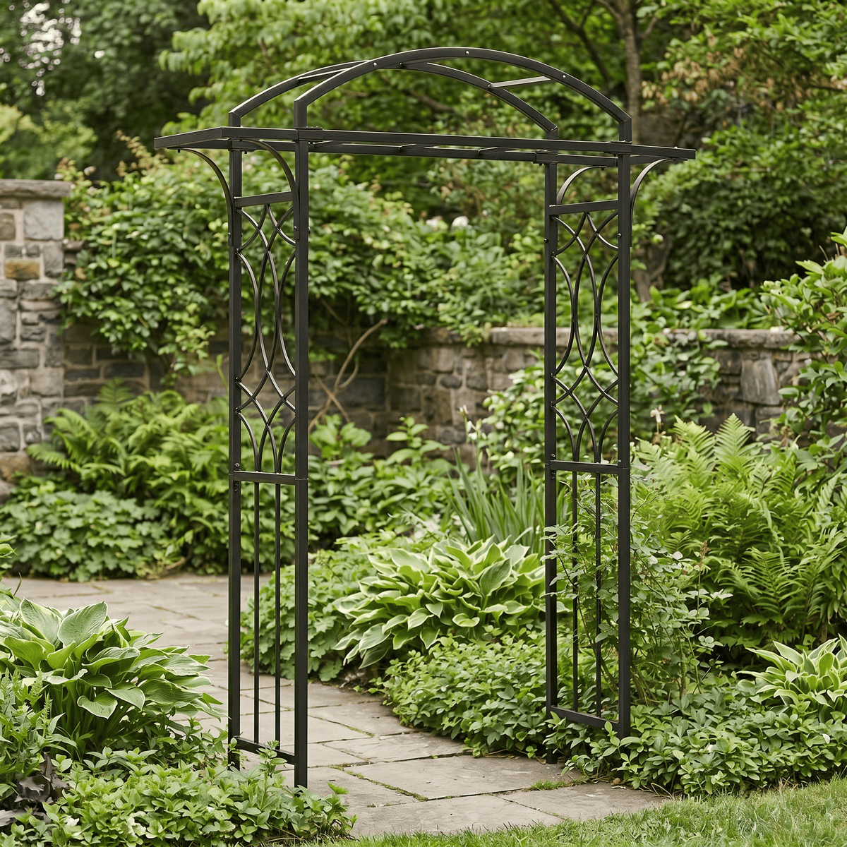 H Potter Geometric Garden Arbor with Gate – Black Finish - Heavy Duty Gateway Arch