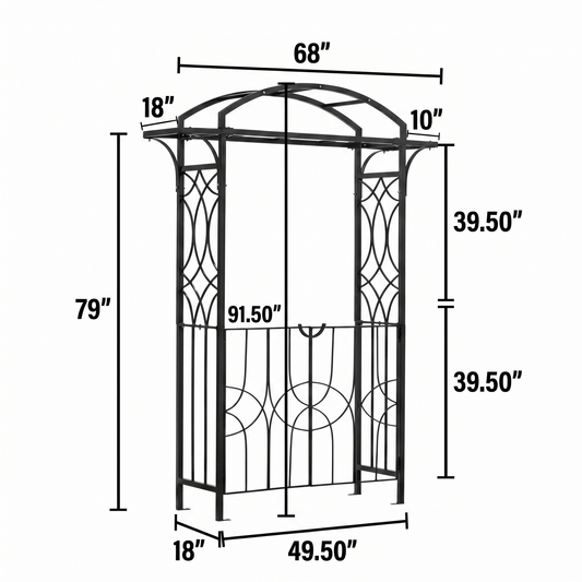 Dimensions of H Poter metal archway with measurements labeled.