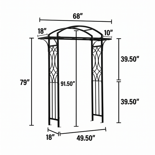 Measurement chart of H Potter decorative metal arch with dimensions labeled.