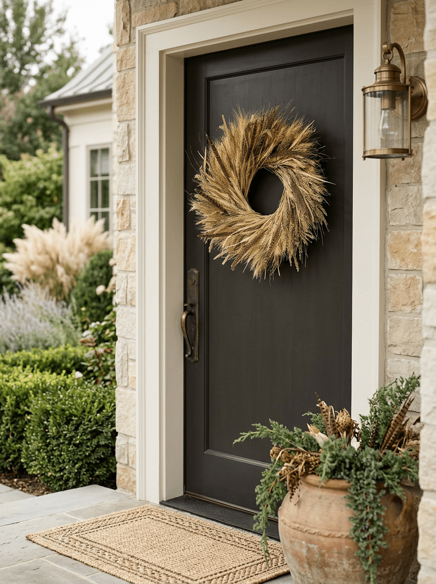 H Potter Golden prairie dried wreath on brown front entryway door