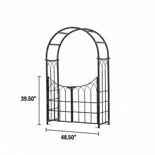 H Potter black metal garden arch with dimensions on a white background