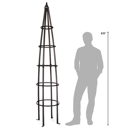H Potter grand black 8 foot tall garden obelisk trellis shown next to person for scale