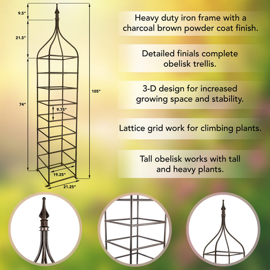 H Potter heavy duty metal garden obelisk trellis feature diagram showing strong frame and lattice