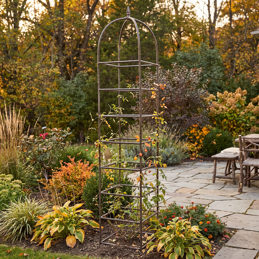 h potter chic obelisk trellis in a landscaped garden bed beside a stone patio, surrounded by autumn foliage and plants.