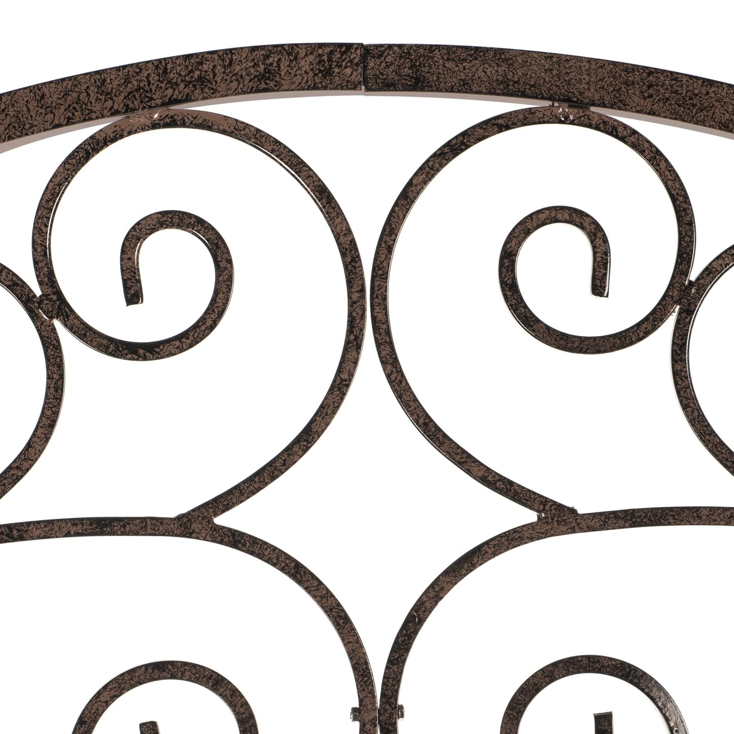 Scroll ironwork macroβclassic garden style; powder-coated metal, low upkeep; supports climbers on patios