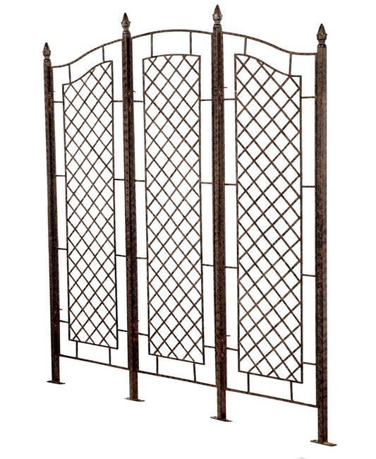 Angled view showing hinged panels on H Potter large garden screen trellis, sturdy iron frame