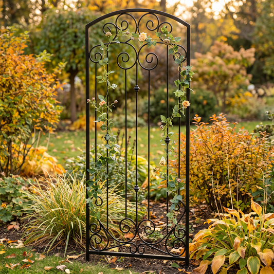 H Potter Lenox metal garden trellis with climbing vines in an autumn garden
