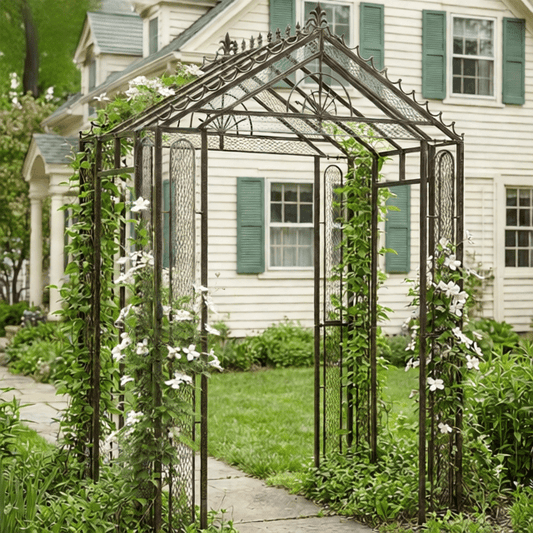 H Potter metal garden archway with climbing plants in front of a house.