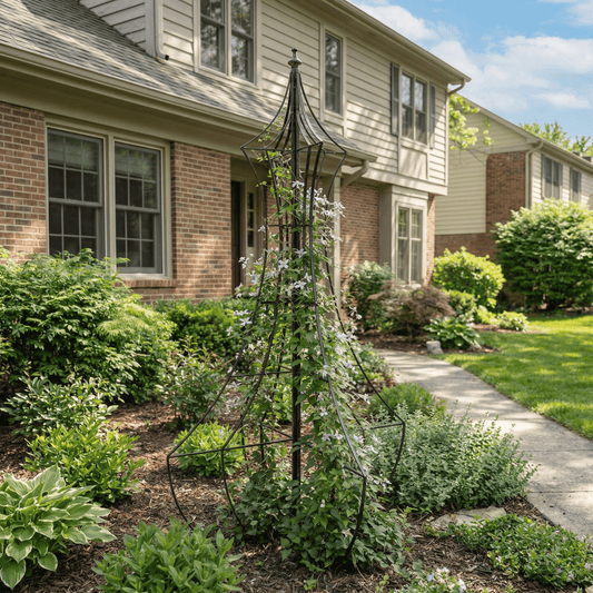 H Potter genie trellis in front yard landscape with clematis vines