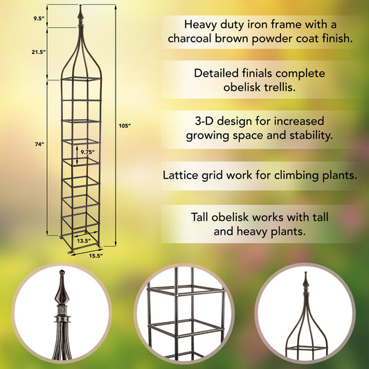 H Potter feature diagram showing finial top and metal frame of ornamental garden obelisk trellis