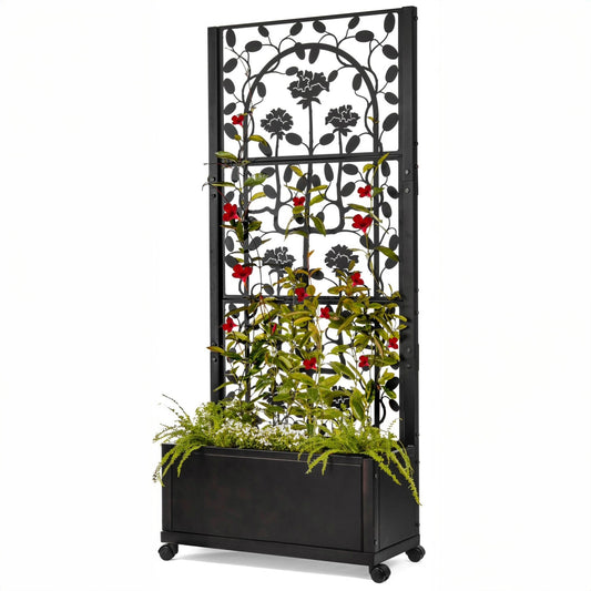 A black metal trellis planter box with a rose design, mounted on wheels and intended for use in patios, decks, or balconies.