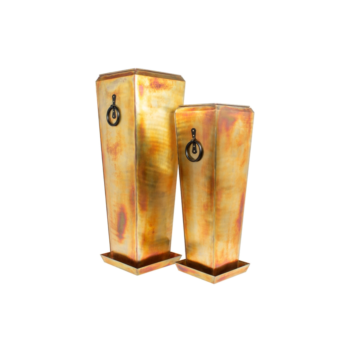 Two tall, rectangular vases with a warm, amber color on a white background.