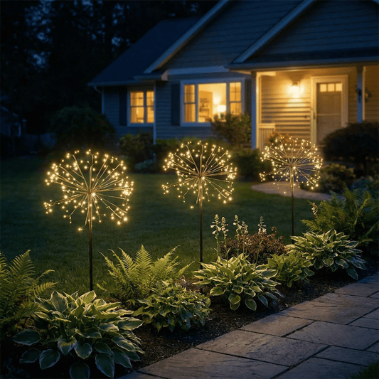 h potter golden bloom solar garden light set of 3 along a pathway in a front yard