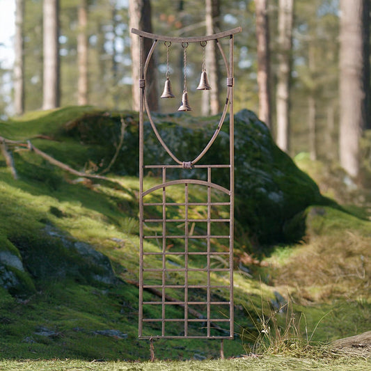 H Potter Steeple Bells garden trellis metal yard art GAR313 displayed outdoors in a garden setting