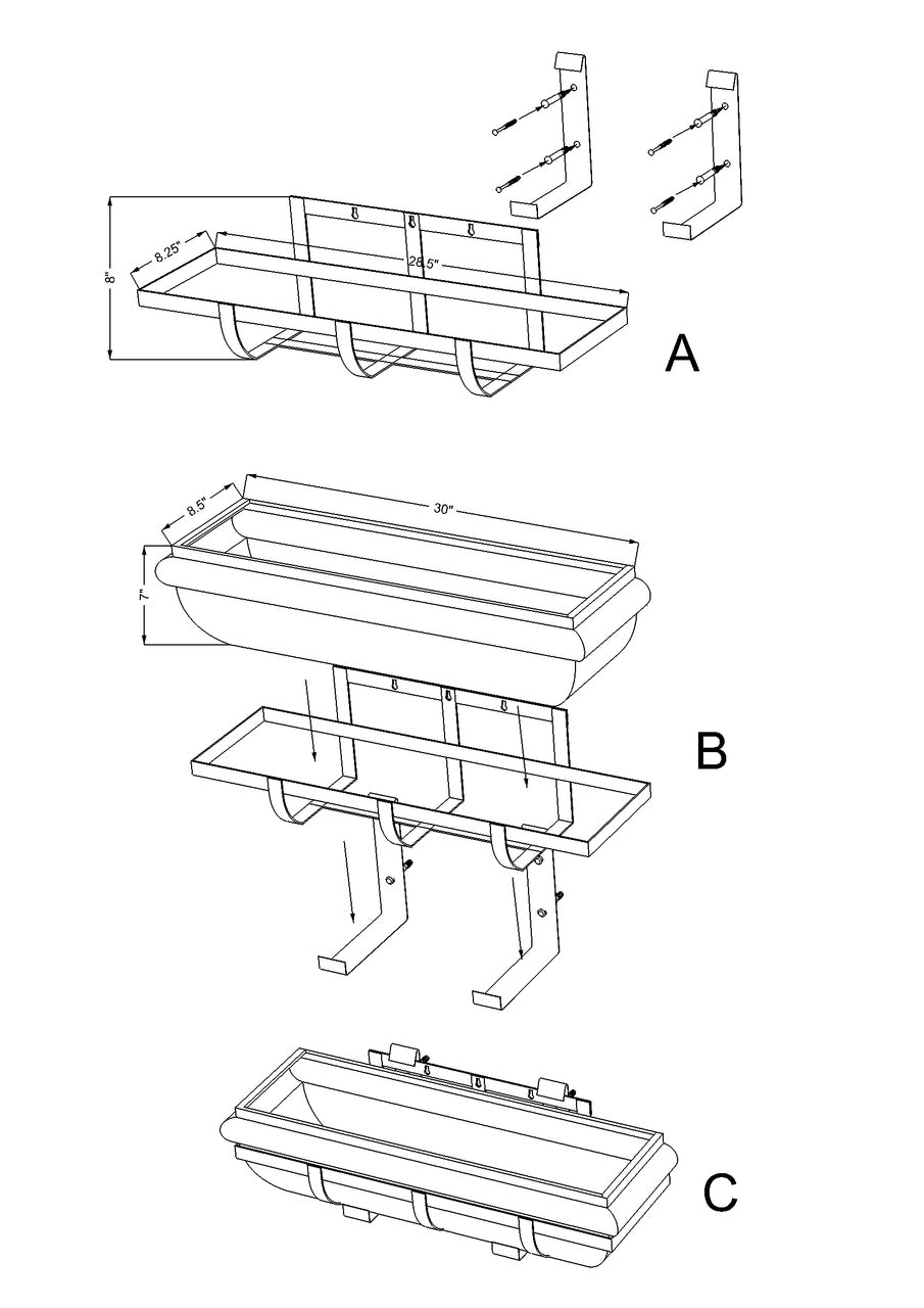 Window box mounting diagram showing bracket installation and support arms