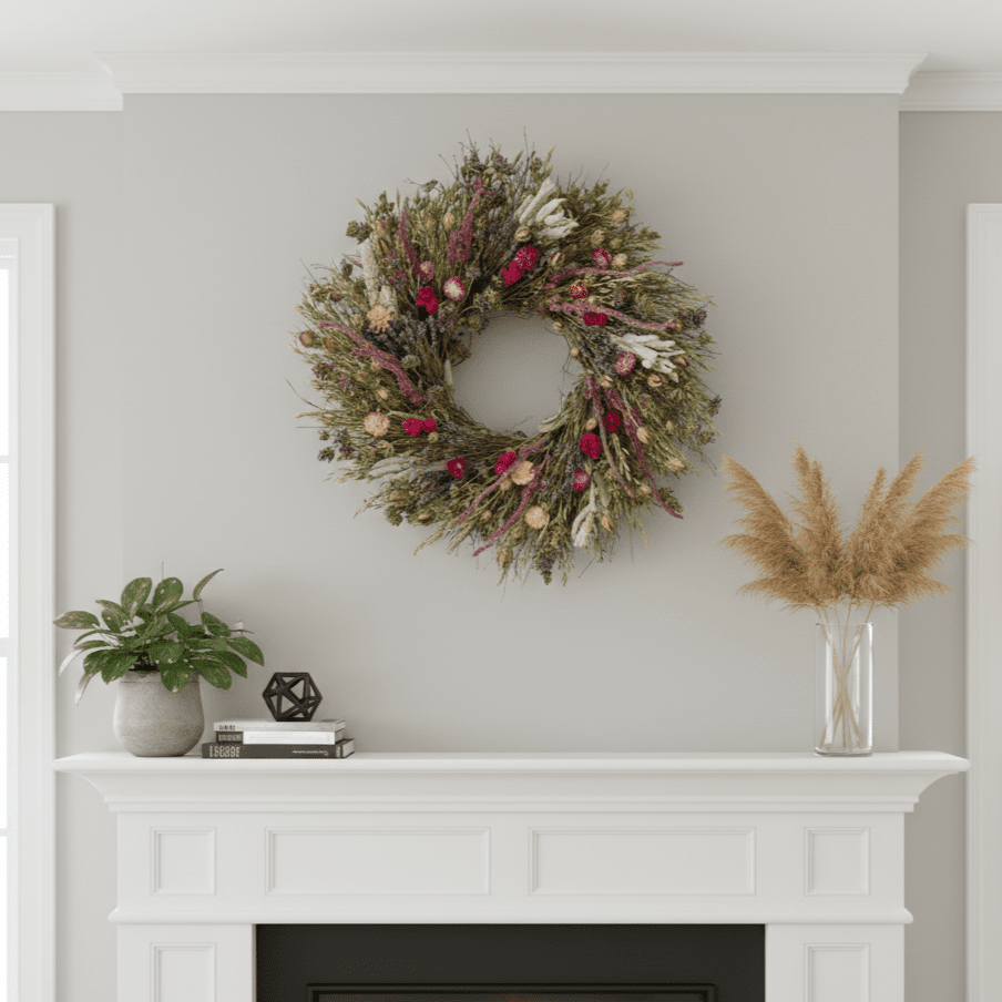 decorative spring botanical wreath above a white mantel