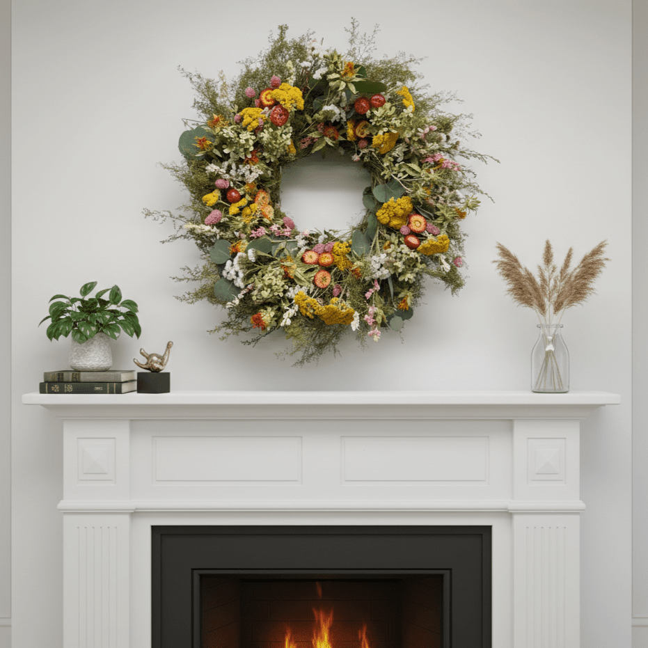 floral spring wreath with pink and yellow flowers above a white mantel