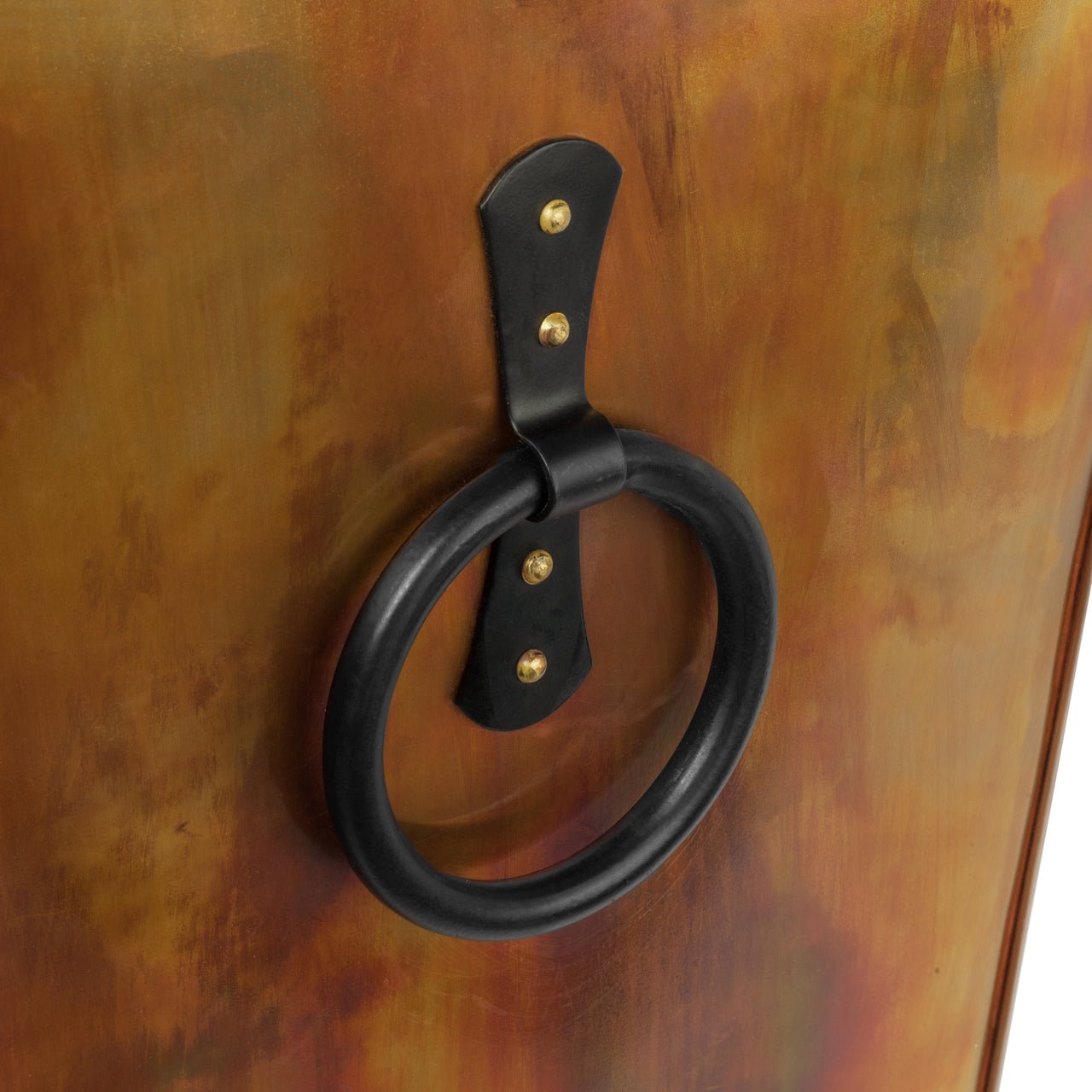 Black powder-coating will survive the elements and brass rivets secure the handles in place