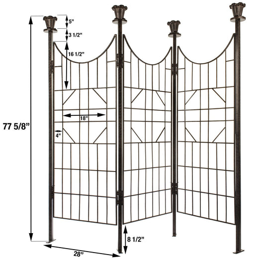 Dimensions diagram for H Potter GAR120 landscape trellis screen with curved tops and cast iron finials, measurements labeled