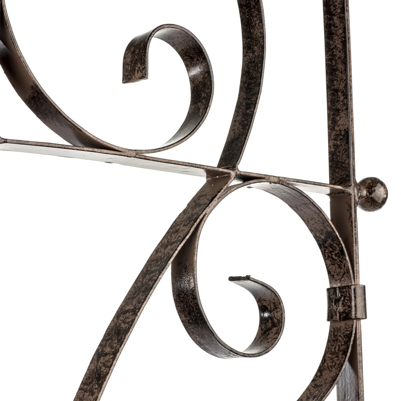 Scrollwork detail on H Potter Italian Iron garden trellis, welded iron craftsmanship