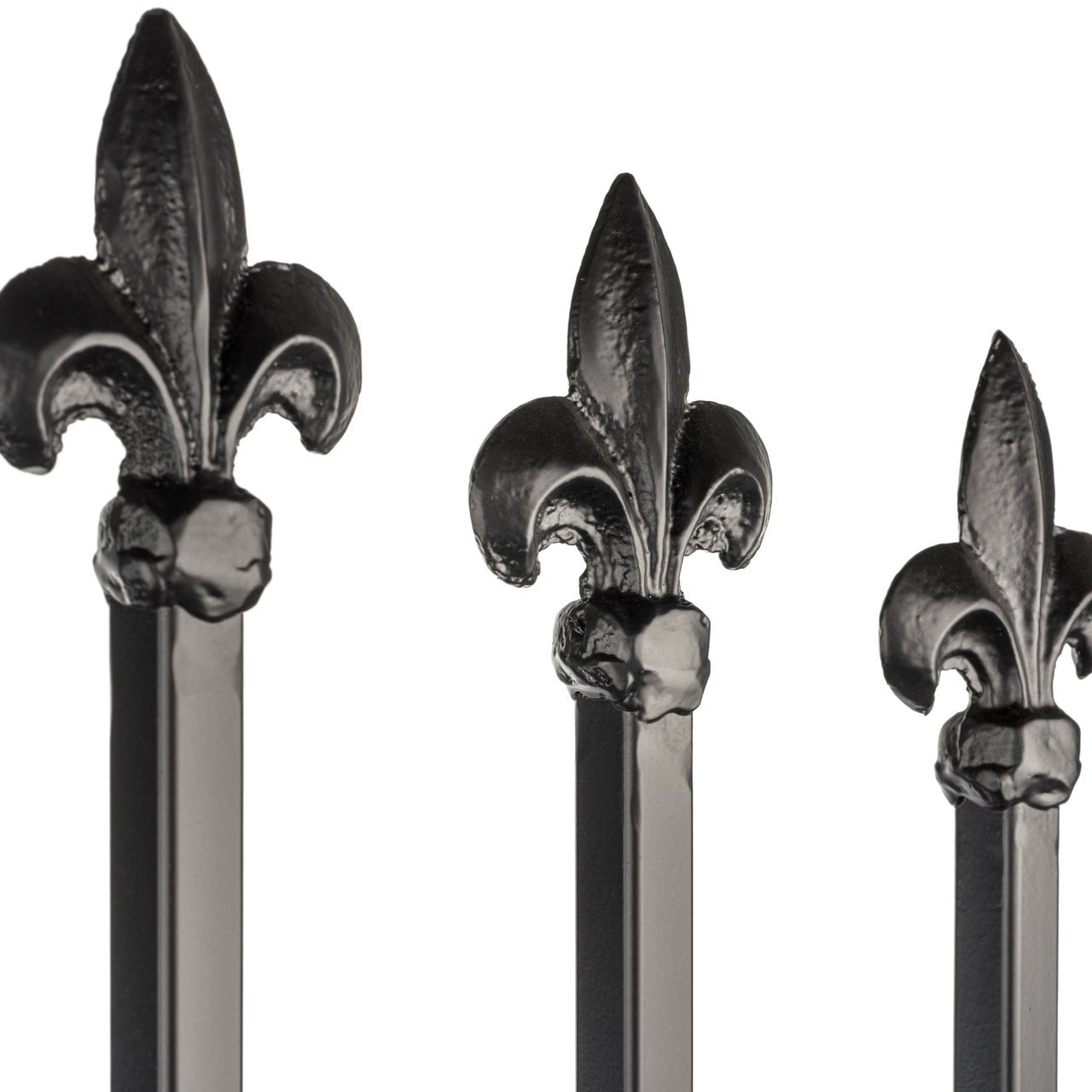 Macro detail of H Potter trellis finials, modern clean design in black powder coat