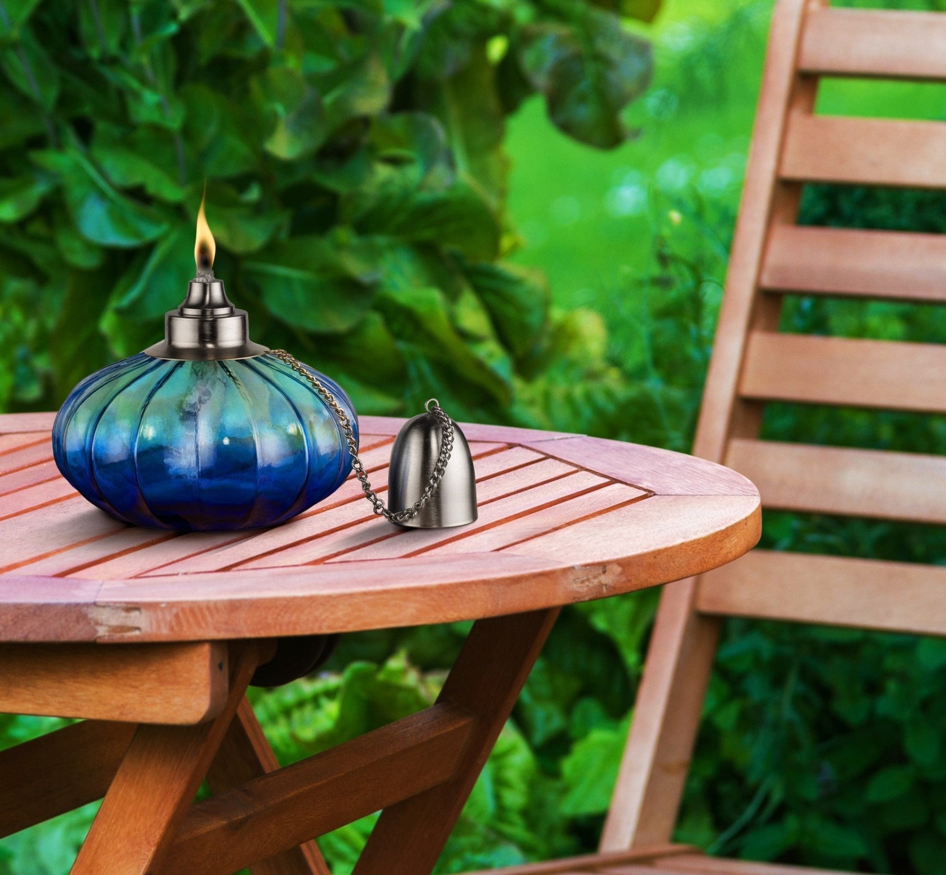 H Potter Tabletop Torch Blue Tinted Glass Outdoor Patio and Deck